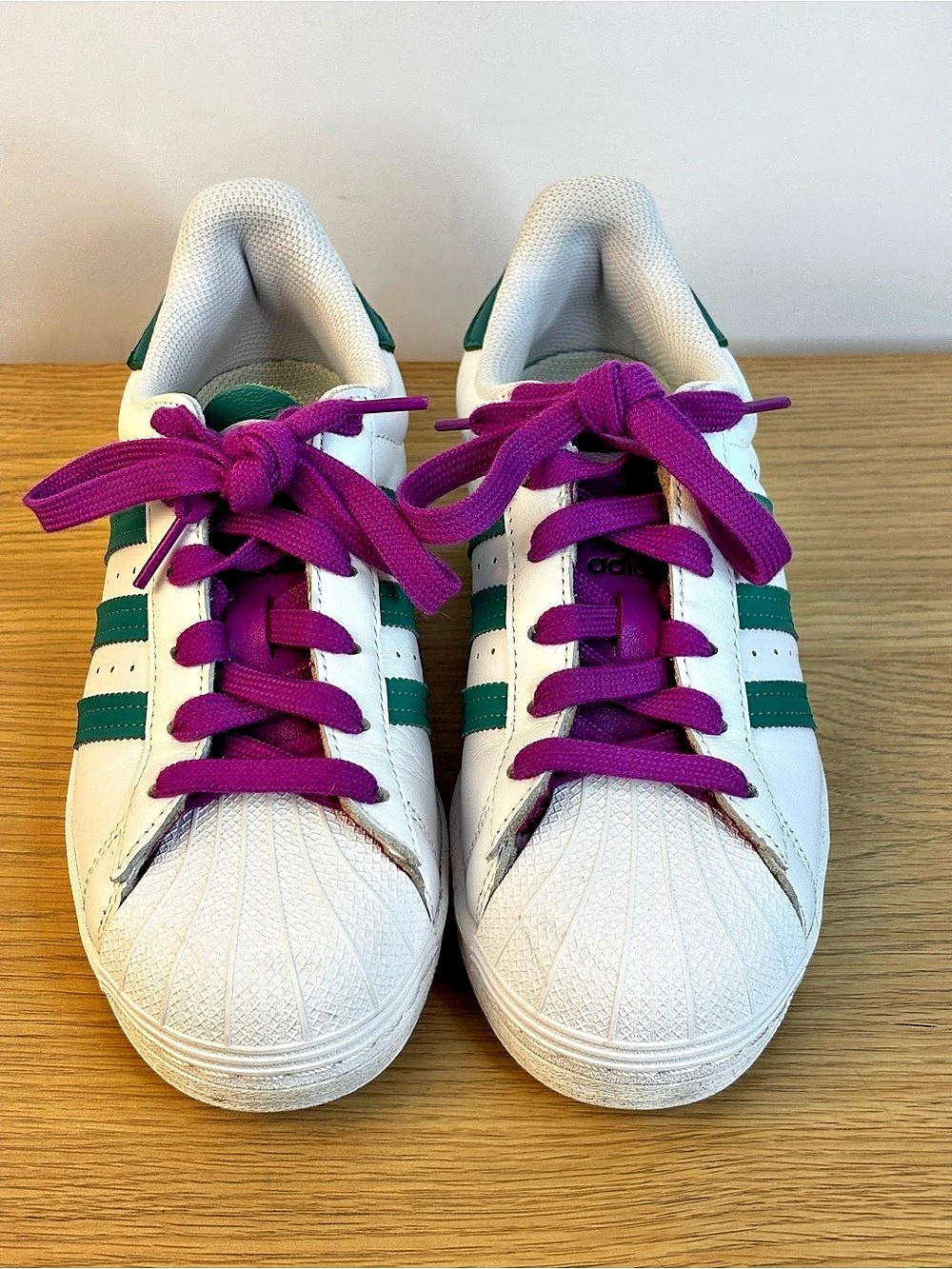 adidas Superstar White Glory Green Stripe Sneakers Purple Laces US 6.5 Woman’s - Picture 3 of 10